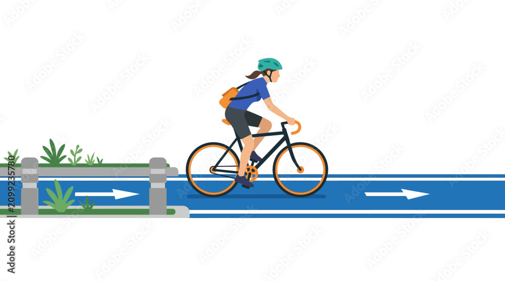 Fototapeta premium Woman cycling on dedicated bike lane, healthy lifestyle, urban transport