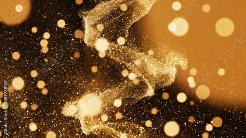 Golden glittering particles flow organically with bokeh against a dark background, creating an abstract luxury design.