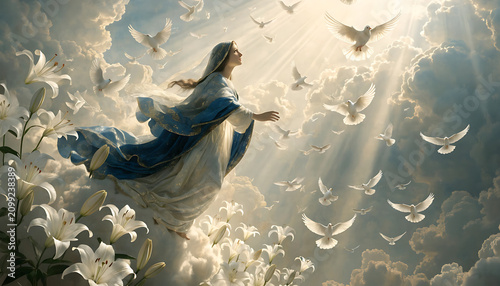 Virgin Mary ascending to heaven surrounded by doves and lilies in a divine light Mother of God ascension