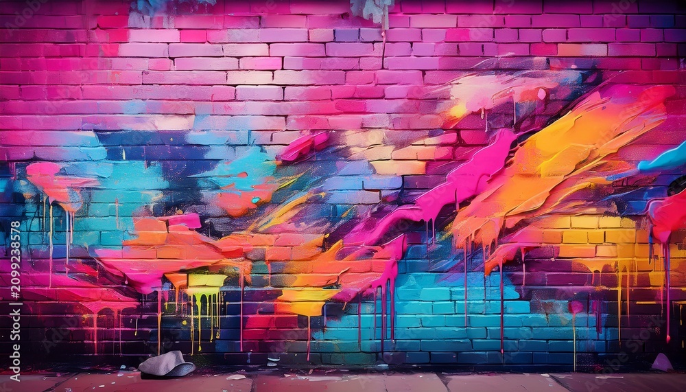 Fototapeta premium colorful graffiti with pink tones on a weathered brick wall urban street art vibrant abstract spray paint artistic
