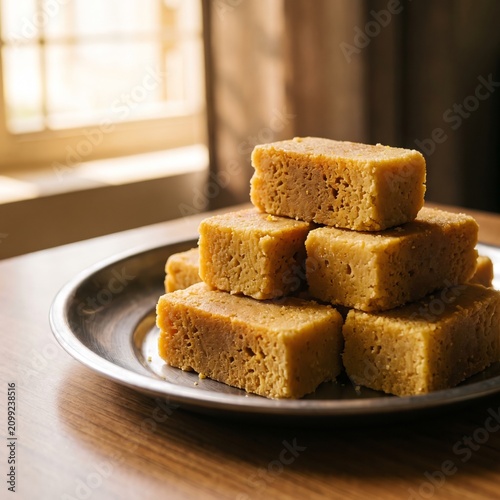 Mysore Pak Golden Squares Stacked on Steel Plate