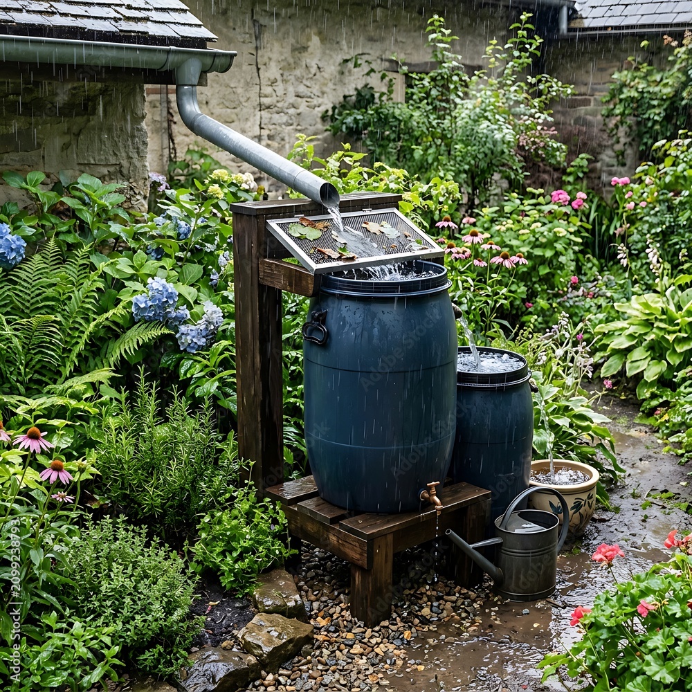 Obraz premium Old green metal watering can in garden setting.