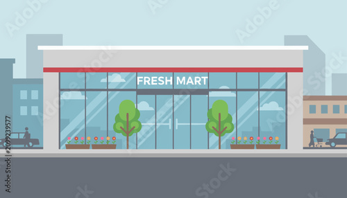 Modern storefront design for a Fresh Mart supermarket with glass windows, indoor trees, and a clean urban background.