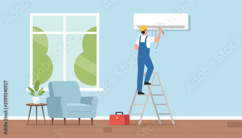 Technician on ladder repairing split air conditioner unit in living room interior, vector illustration.