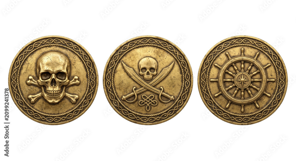 Fototapeta premium Golden pirate coins with skull and crossbones