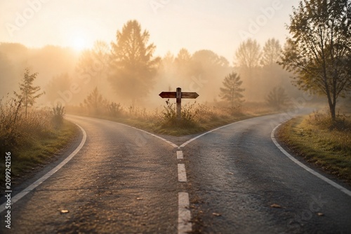 A single road splitting into two paths at a crossroads with soft morning mist and symbolic choice.