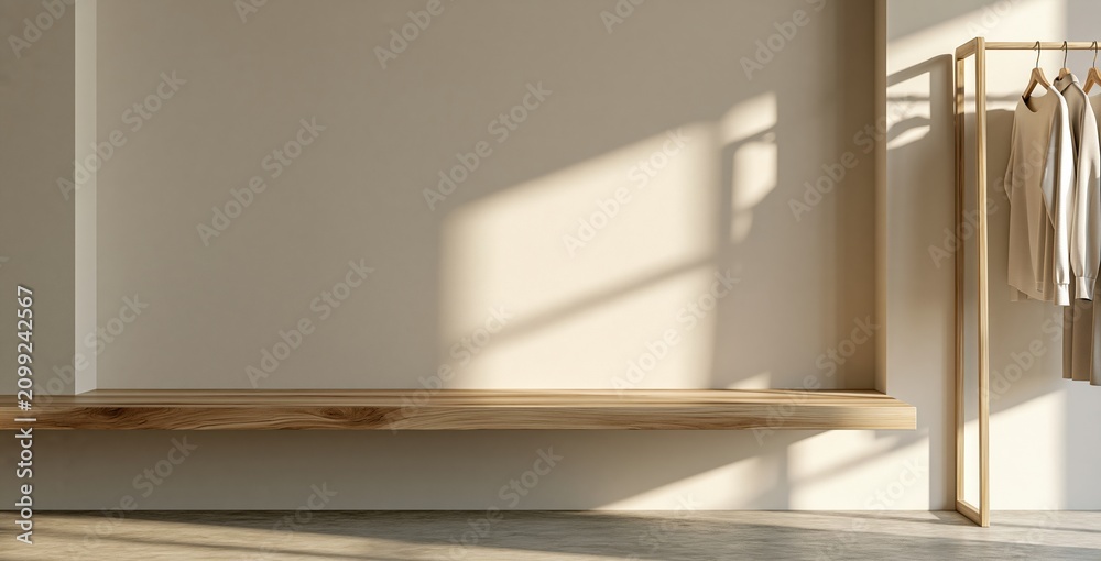 Fototapeta premium Minimalist interior with clothing rack and sunlight shadows