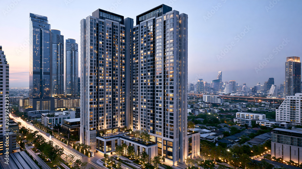 Naklejka premium Balanced Warm and Cool Light Over Urban Skyline During Twilight with Modern Architecture and City Life