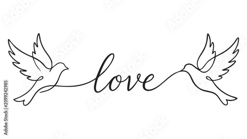 Minimalist Continuous Line Drawing Of Two Flying Doves Connected By The Word Love Featuring Elegant Black Flourish Vector Graphics On A Clean White