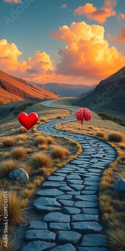 Winding path through emotional landscape with heart and brain symbols at crossroads, decision, mind