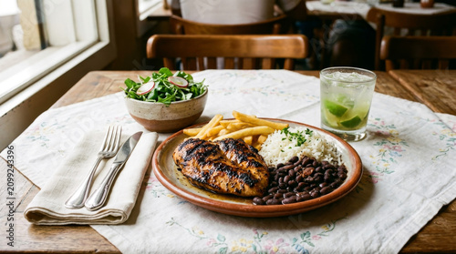 filé de frango grelhado, arroz, feijão preto, batata frita, salada e caipirinha em mesa de restaurante
