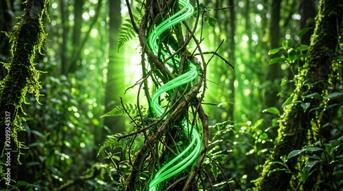 Vertical shot of glowing fiber optic cable wrapped around jungle vine.