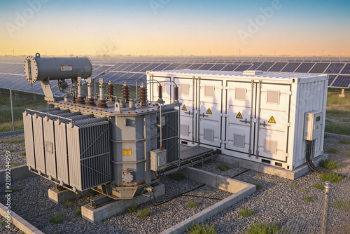 Quadro su tela Industrial electrical transformer and battery storage unit at solar farm