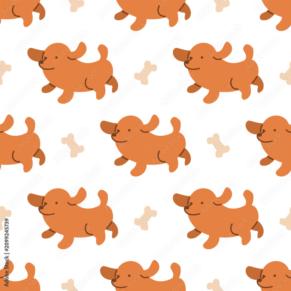 Obraz premium Cute dachshund dog and bone seamless pattern, happy puppy cartoon repetitive background on white
