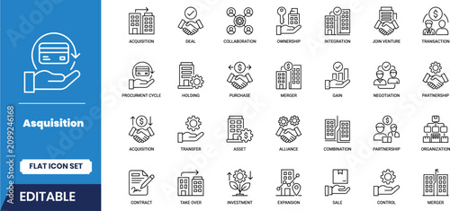 Obraz na płótnie Business acquisition and corporate strategy icon set flat vector illustration