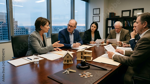 Business team meeting in office with house model on table