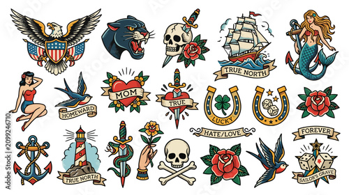 Vintage Tattoo Art Collection: Eagle, Panther, Mermaid, Skull, Ship, Pin-up Girl, Roses