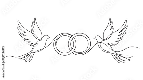 Minimalist Continuous Line Art Of Two Doves Flying Towards Interlocked Wedding Rings Representing Love And Matrimony On A Plain White Background