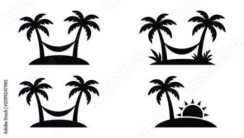 Foto Black silhouettes of palm trees and hammocks on white background