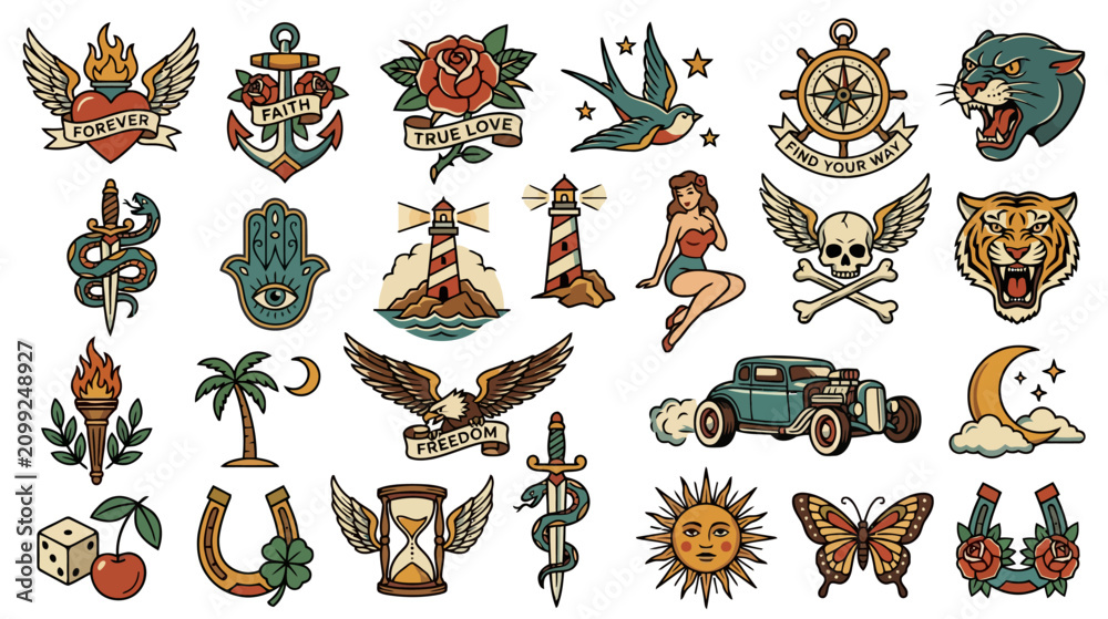 Obraz premium Vintage Tattoo Flash Sheet: Hearts, Anchors, Roses, Animals, Cars, Mythology