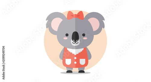 Photography Charming female koala character wearing red dress with white pockets and matching hair bow on pastel pink circle backdrop