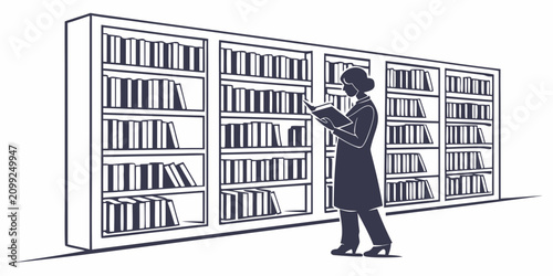 Cuadro en lienzo Librarian standing next to tall bookshelf filled with books, white background, l
