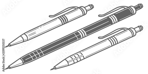 Bilde på lerret Set of 14 mechanical pencils with metallic bodies and black grips on white backg