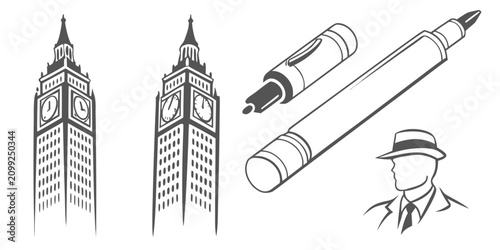 Fotografie Set of 15 marker pen silhouettes featuring big ben, pens, and a man, all in blac