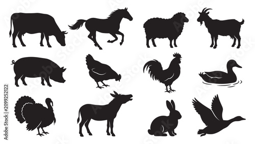 A high-quality vector collection of black silhouettes representing classic farm animals. This set features realistic shapes of a cow, horse, sheep, goat, pig, chicken, rooster, duck, turkey, donkey