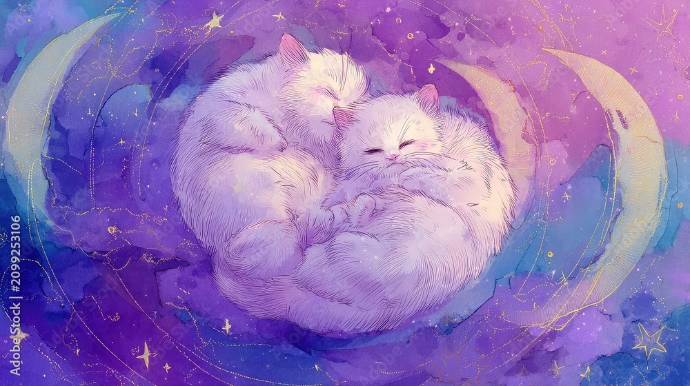 Obraz premium Dreamy White Cats Sleeping on Cosmic Background with Stars and Moons