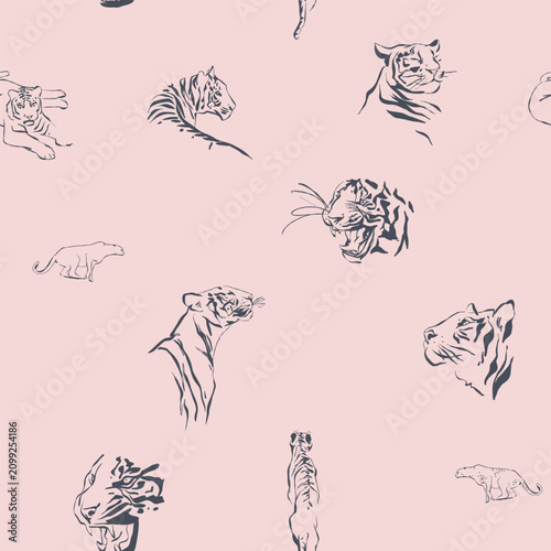 Photography Hand drawn vector graphic line art seamless pattern with sketch tigers and wild animals