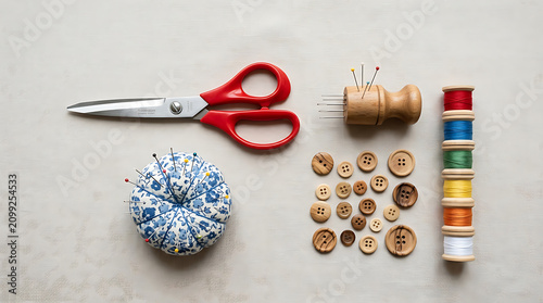 Sewing tools with red scissors buttons and thread spools