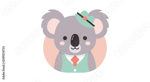 Photography Cute koala wearing hat and vest illustration on round background featuring professional character design for kids art