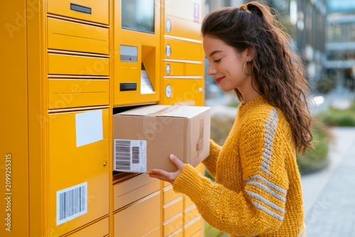 Woman picking up a parcel from automated locker station