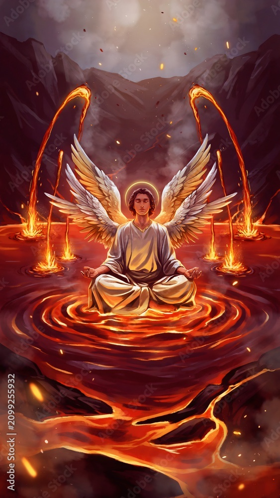 Obraz premium Mystical Angelic Figure with Wings Meditating in Lava Forest Volcano Scene