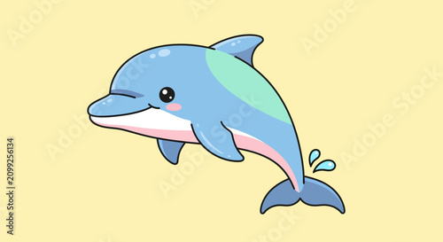 Bild auf Leinwand Cute little blue dolphin splashing in ocean vector illustration, adorable sea creature, playful marine animal character