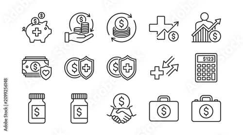 Healthcare Finance Icons: Piggy Bank, Money, Shield, Calculator, Pills, Briefcase