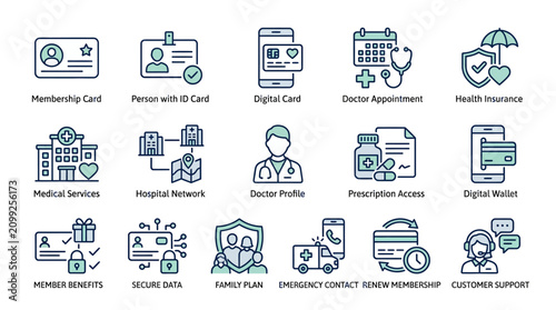 Healthcare Icons: Digital Health, Insurance, Services, and Support Essentials