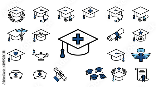 Healthcare Graduation Icons: Caps, Degrees, Caduceus, Stethoscope, Lamp