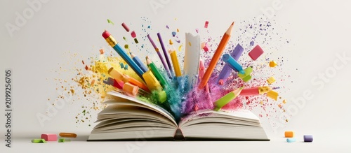 Book exploding with colorful art supplies and creativity, banner