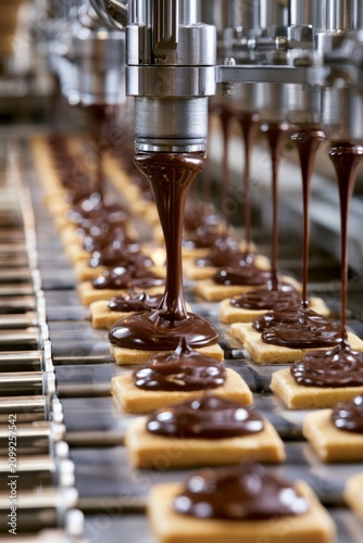 Chocolate factory manufacturing sweets on automated production line, vertical