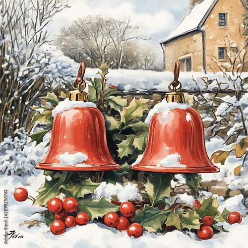 Snowy winter scene with two red bells and holly