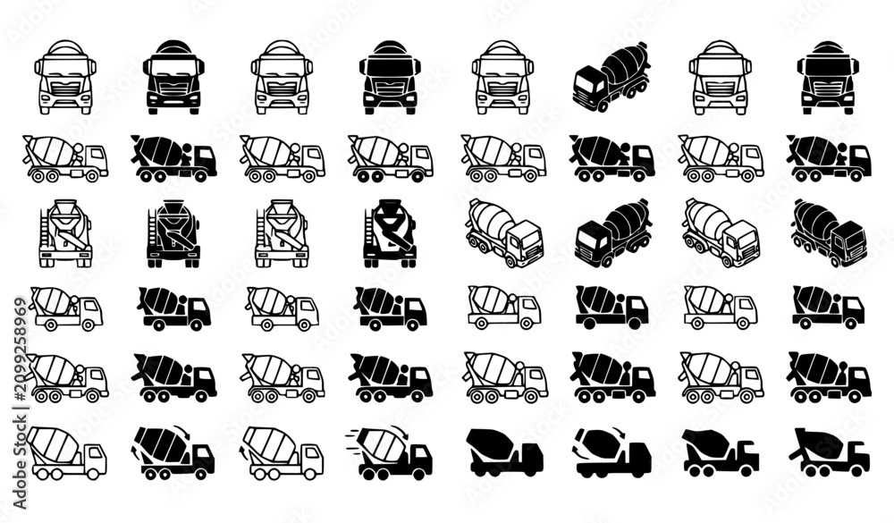 Fototapeta premium Concrete mixer truck icon set with cement mixer construction vehicle symbols in modern flat solid vector style isolated on white background