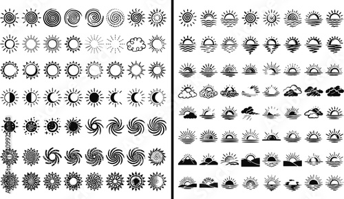 Foto Set of various sun and weather icon graphic designs and solar symbols with colle