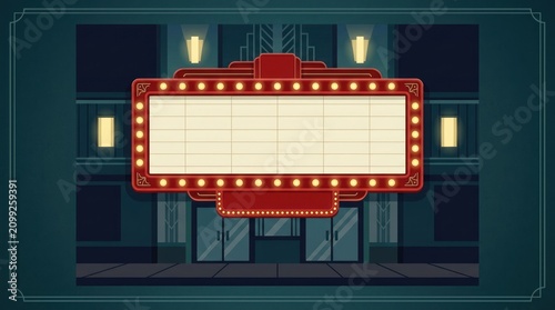 A vintage movie theater marquee with red lights and a white screen, set against a dark background with a building facade.