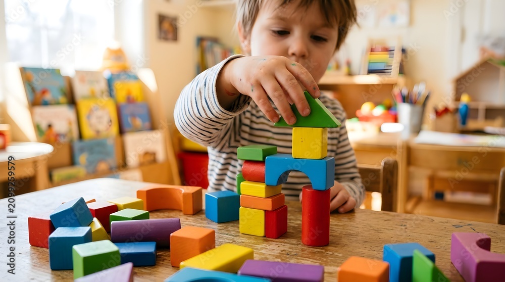 Fototapeta premium Young boy building a creative structure with colorful wooden blocks on a table in a bright sunlit room fostering early childhood development and imaginative play activities enhancing cognitive