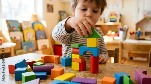 Fototapeta na wymiar Young boy building a creative structure with colorful wooden blocks on a table in a bright sunlit room fostering early childhood development and imaginative play activities enhancing cognitive