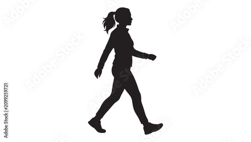 A high-quality vector silhouette of a young woman walking forward, viewed from the side.