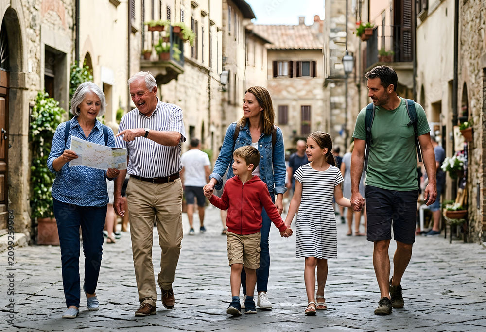 Naklejka premium Happy multi-generational family exploring historic European street together