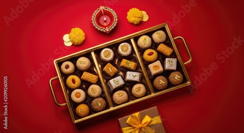 Assorted chocolates in a gold box with decorative on a red background assorted sweets decorative diwali